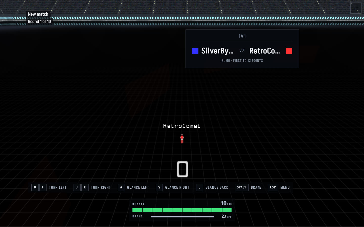 The start of a 1v1: two players, sumo, first to 12 points